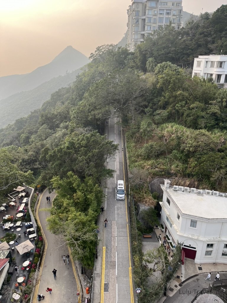 香港太平山頂俯瞰山區道路與綠意景觀，蜿蜒山路穿梭於森林與歐式建築之間，遠方山巒在薄霧中層層延伸，呈現靜謐的城市山景風貌