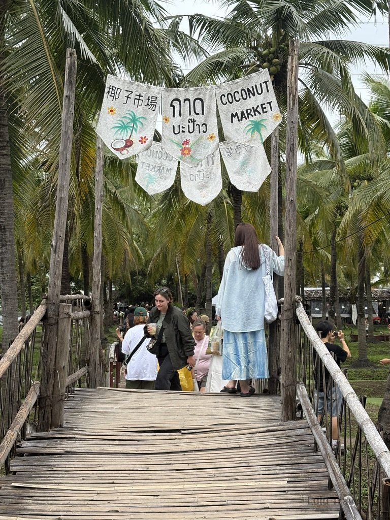 清邁晚去早回|有限時間下的 1 趟清邁自由行 清邁 椰林市集 Coconut Market 入口木橋景色,旅人走在椰子樹環繞的市集通道,呈現自然系與在地生活感的清邁特色市集氛圍
