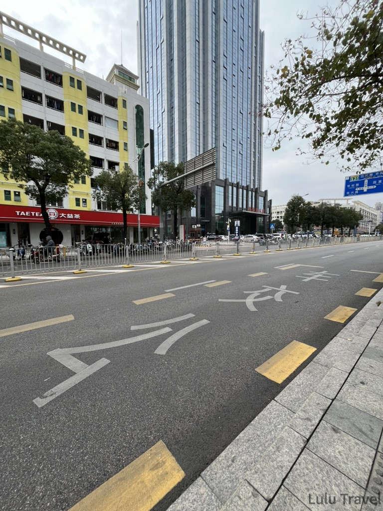 深圳市區街道日間景色，寬敞多線道馬路兩旁有大益茶門市與現代玻璃帷幕高樓，路面標有中文路標