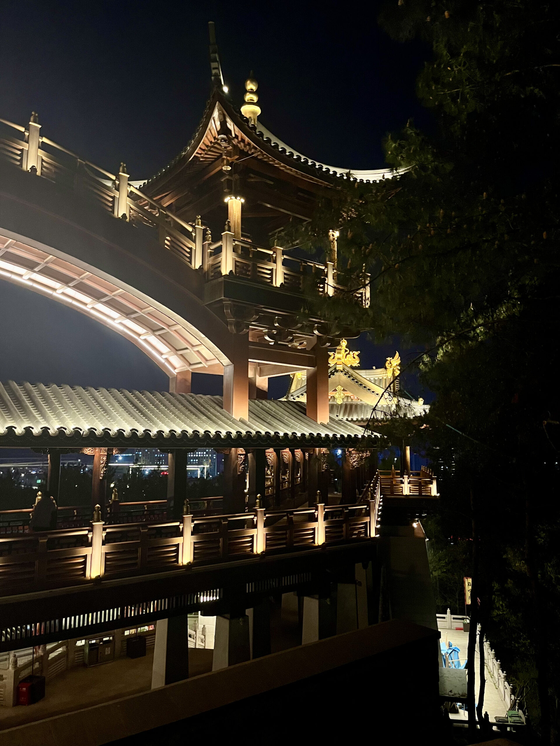 義烏雞鳴閣夜間側面建築，傳統中式木構飛簷與弧形拱橋在暖色燈光映照下，背景可見義烏市區夜景