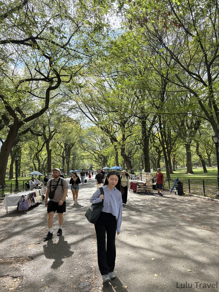 紐約中央公園（Central Park）林蔭大道實景，陽光穿過茂密的綠色樹冠灑在步道上，旅客在充滿生活感的畫攤旁緩慢步行。